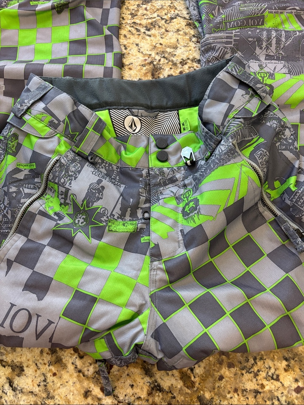 Volcom Gray and Neon Green Patterned Snow Pants